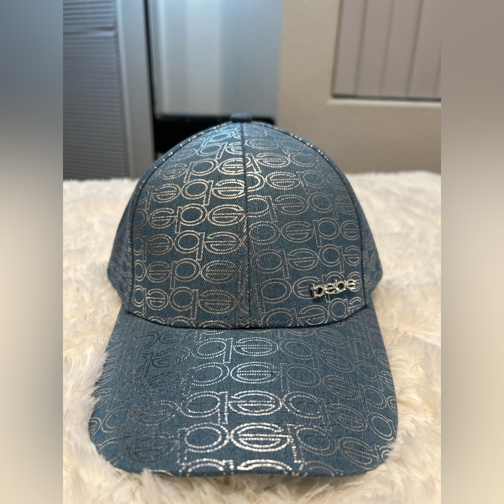 BEBE Signature AOP logo Women’s Baseball Hat Adjustable NWT Denim & Silver
